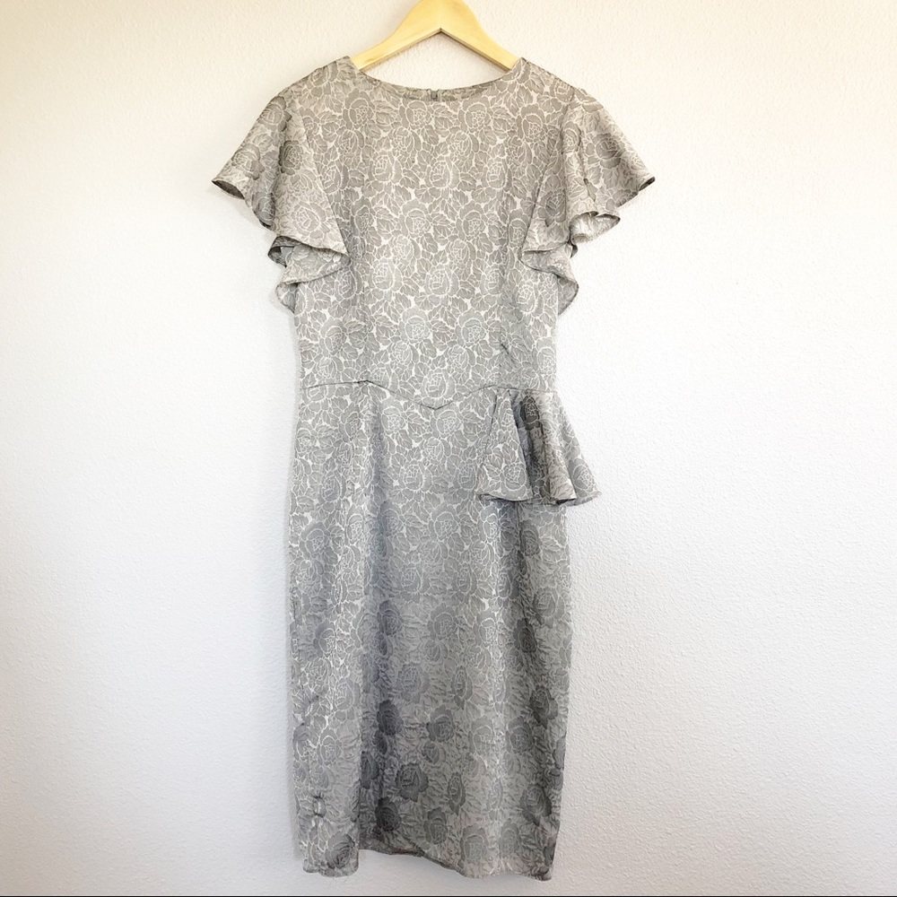 Vintage Gray Floral Midi Ruffle Sleeve Dress Sz 4